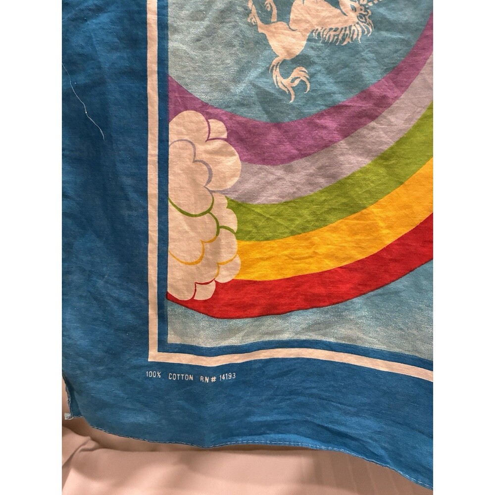 Vintage 80s Rainbows & Unicorns Cotton Bandana Handkerchief Made in USA RN 14193